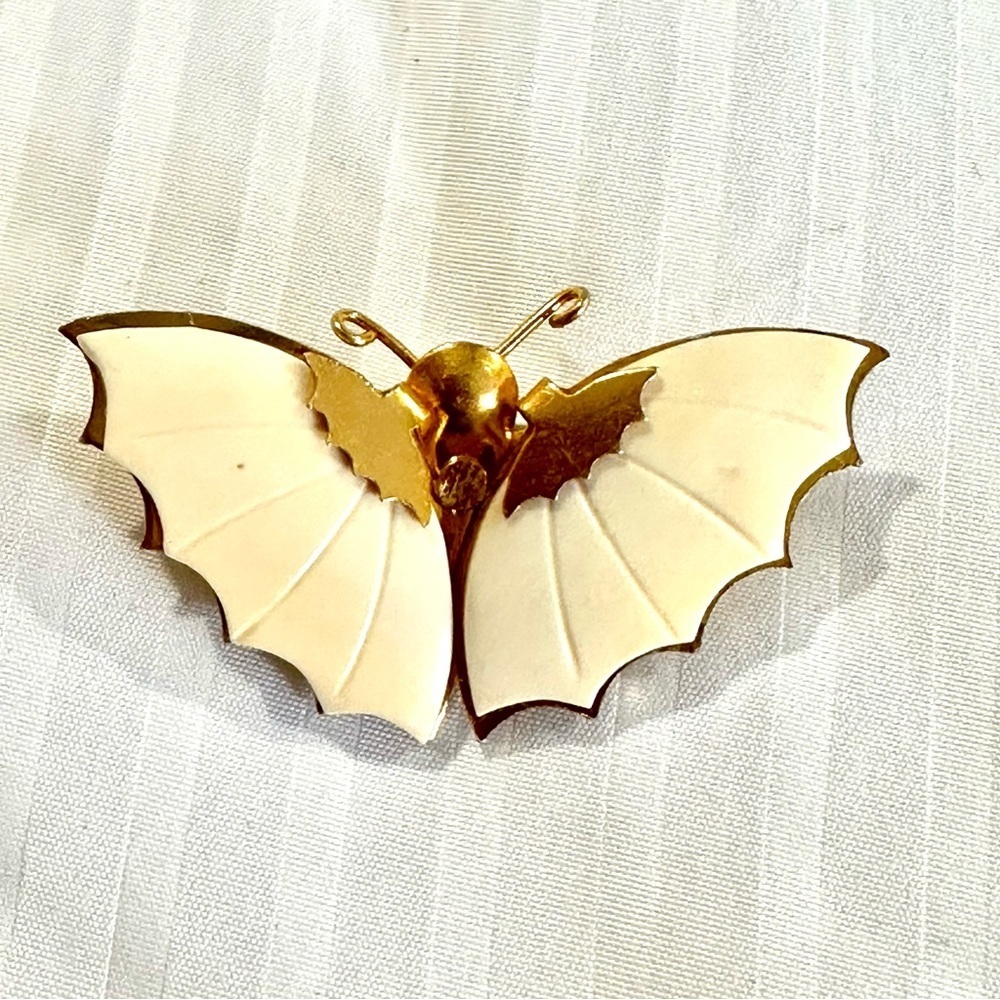 Vintage  Carved Sea Shell BUTTERFLY brooch cream seashell Gold-tone trim